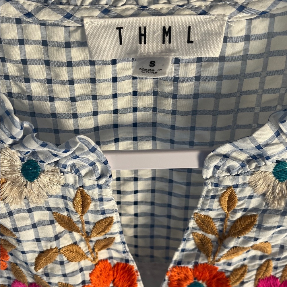 THML White & Blue Gingham Mini Dress with Multicolor Floral Embroidery - Picture 3 of 8